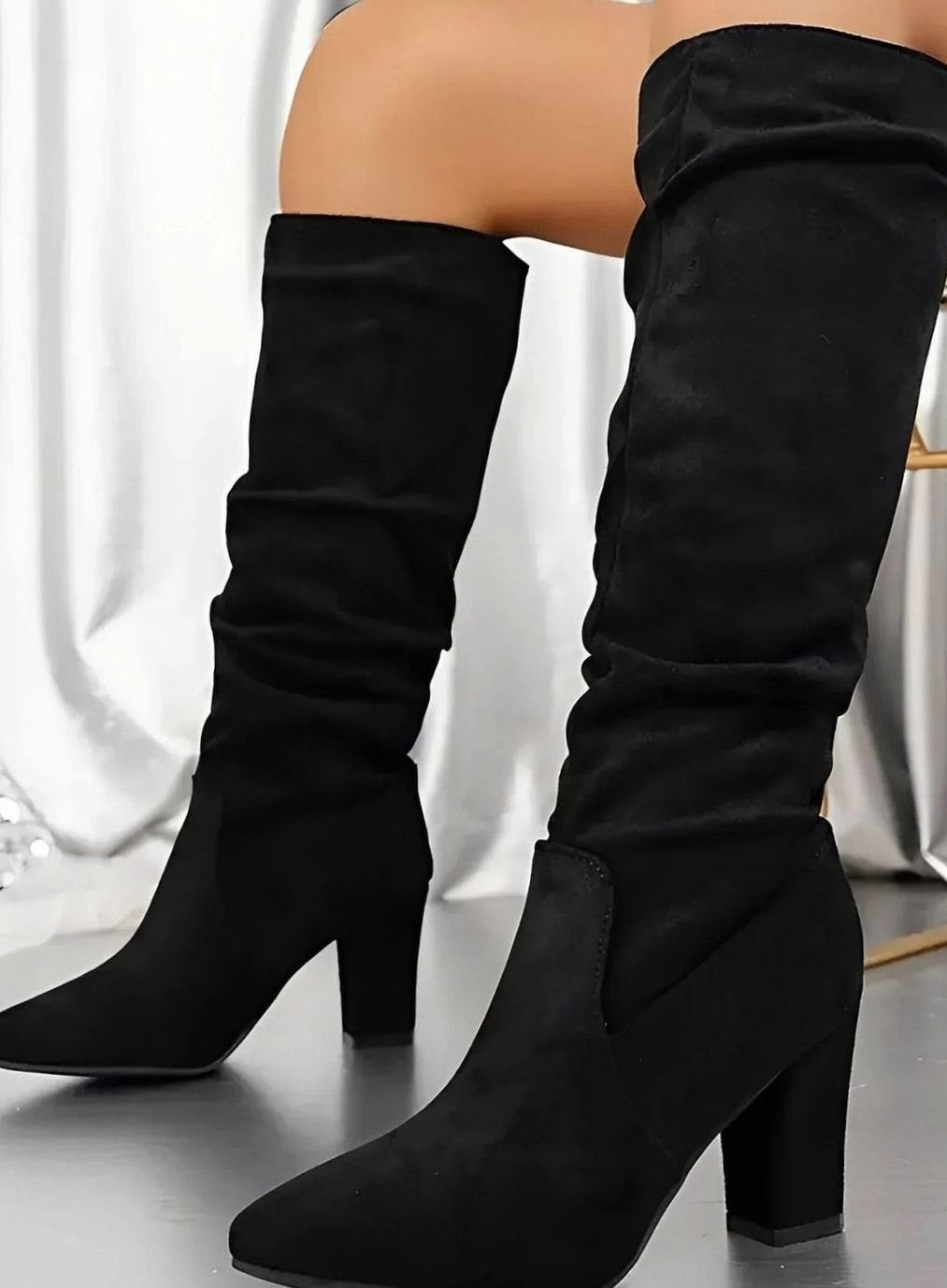 Rosie | Women's Ruched Faux Suede Block Heel Knee High Boots - Black