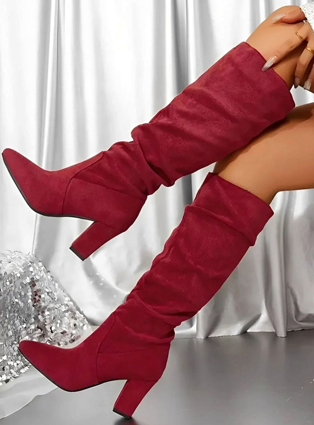 Rosie | Women's Ruched Faux Suede Block Heel Knee High Boots - Bordeaux Red