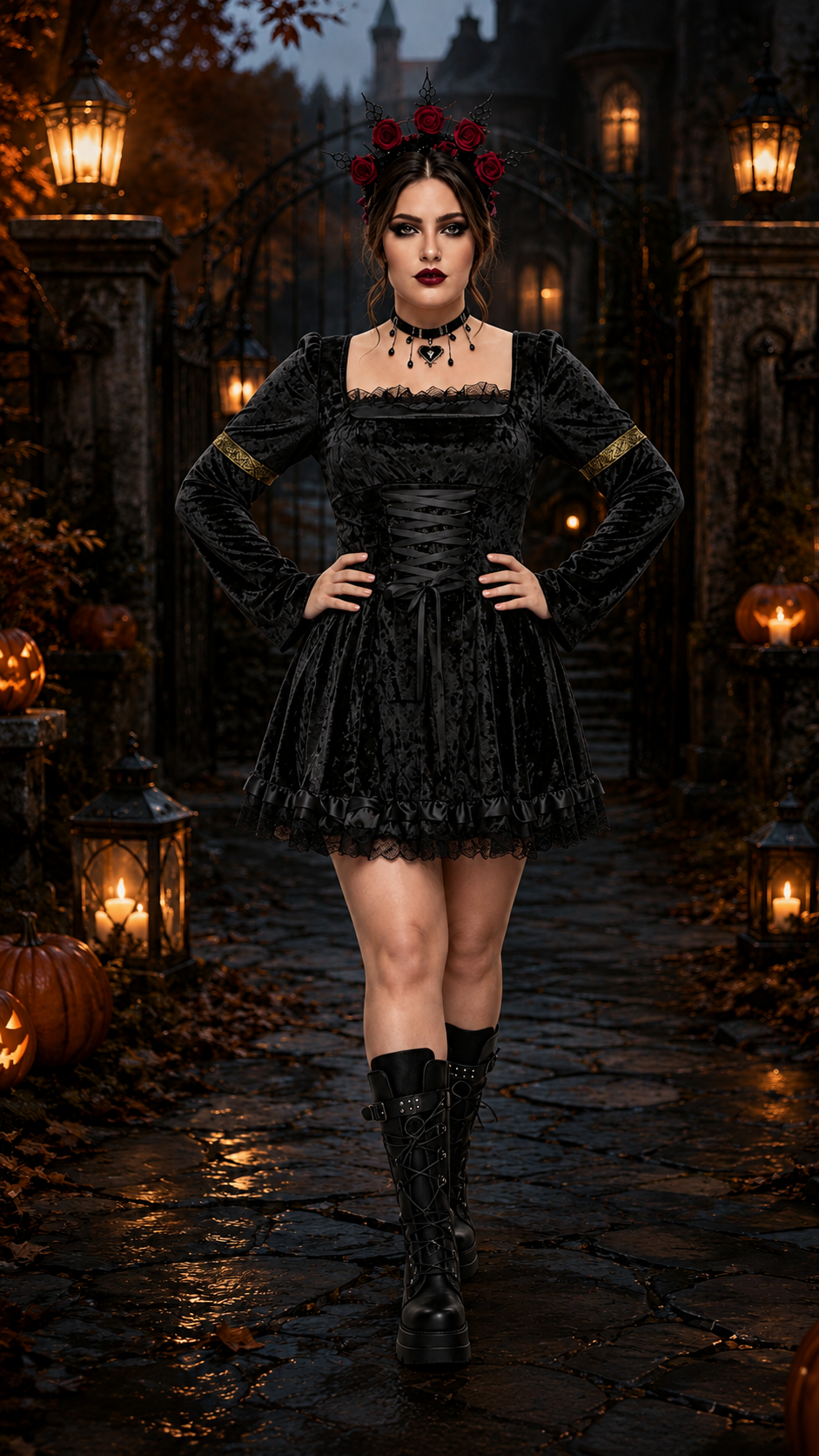 Rosie | Women's Square-Neck Bell-Sleeve Lace Dress with Corset Lacing - Black