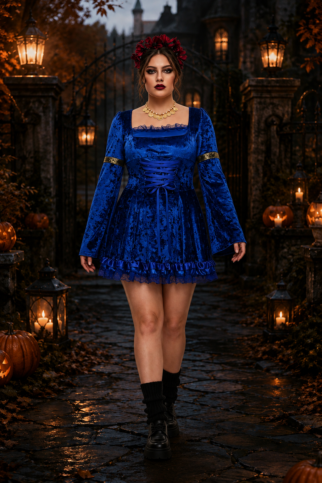 Rosie | Women's Square-Neck Bell-Sleeve Lace Dress with Corset Lacing - Blue