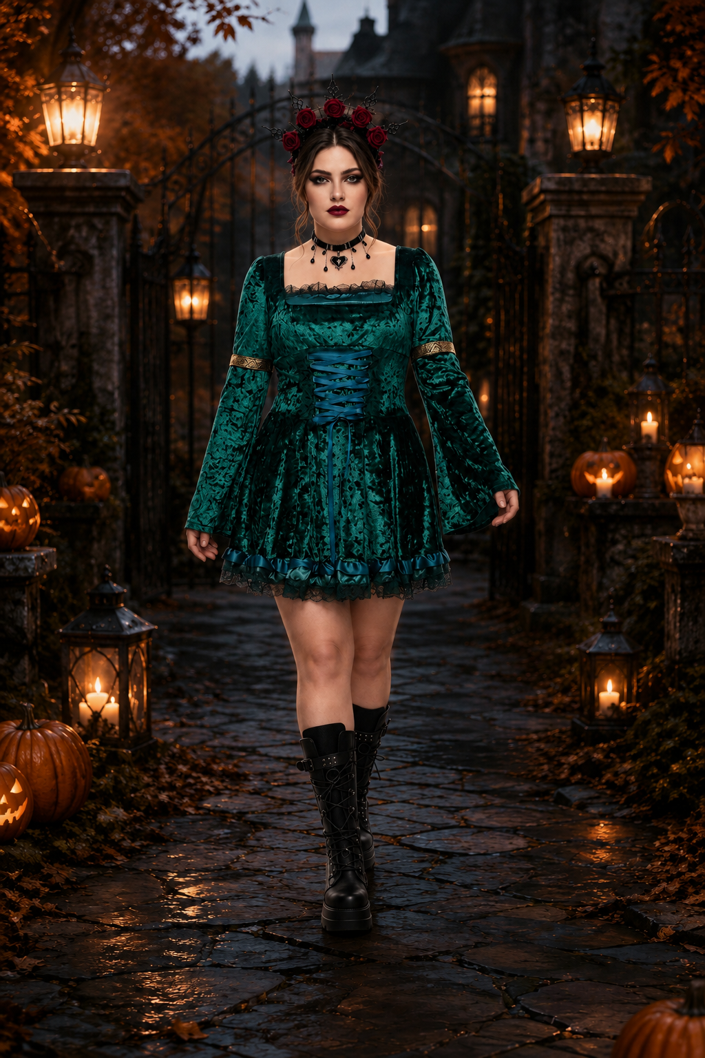 Rosie | Women's Square-Neck Bell-Sleeve Lace Dress with Corset Lacing - Green