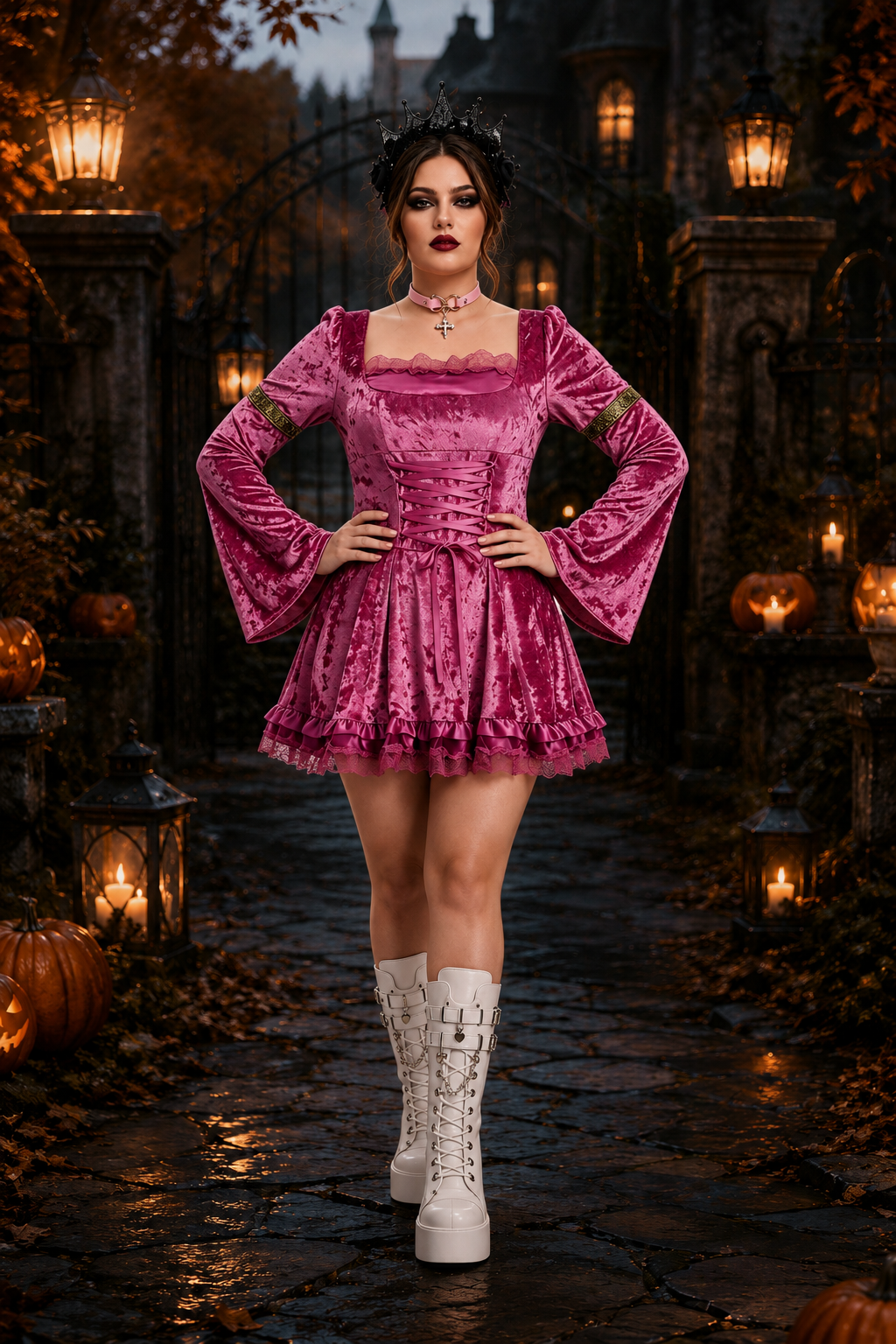 Rosie | Women's Square-Neck Bell-Sleeve Lace Dress with Corset Lacing - Pink