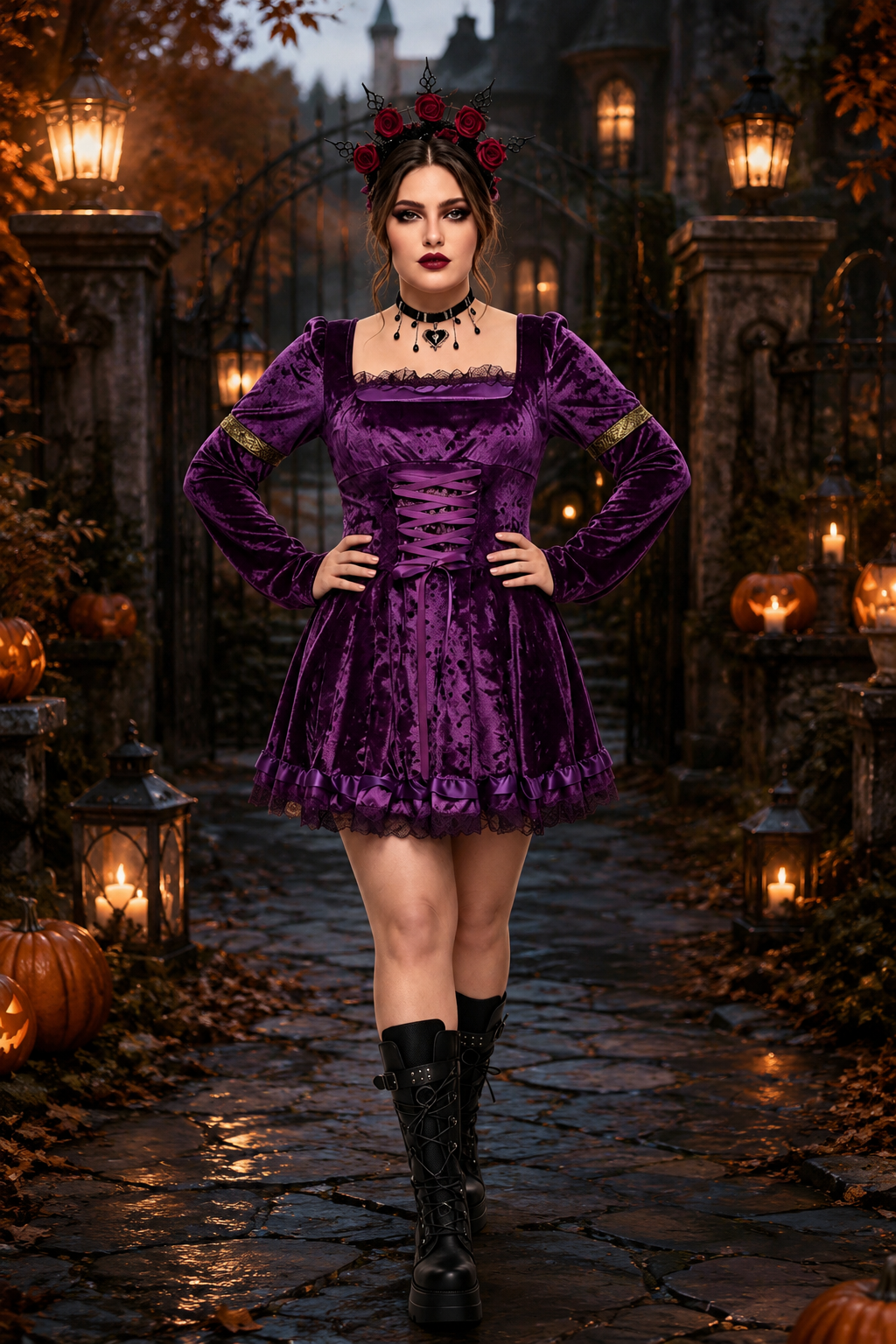 Rosie | Women's Square-Neck Bell-Sleeve Lace Dress with Corset Lacing - Purple