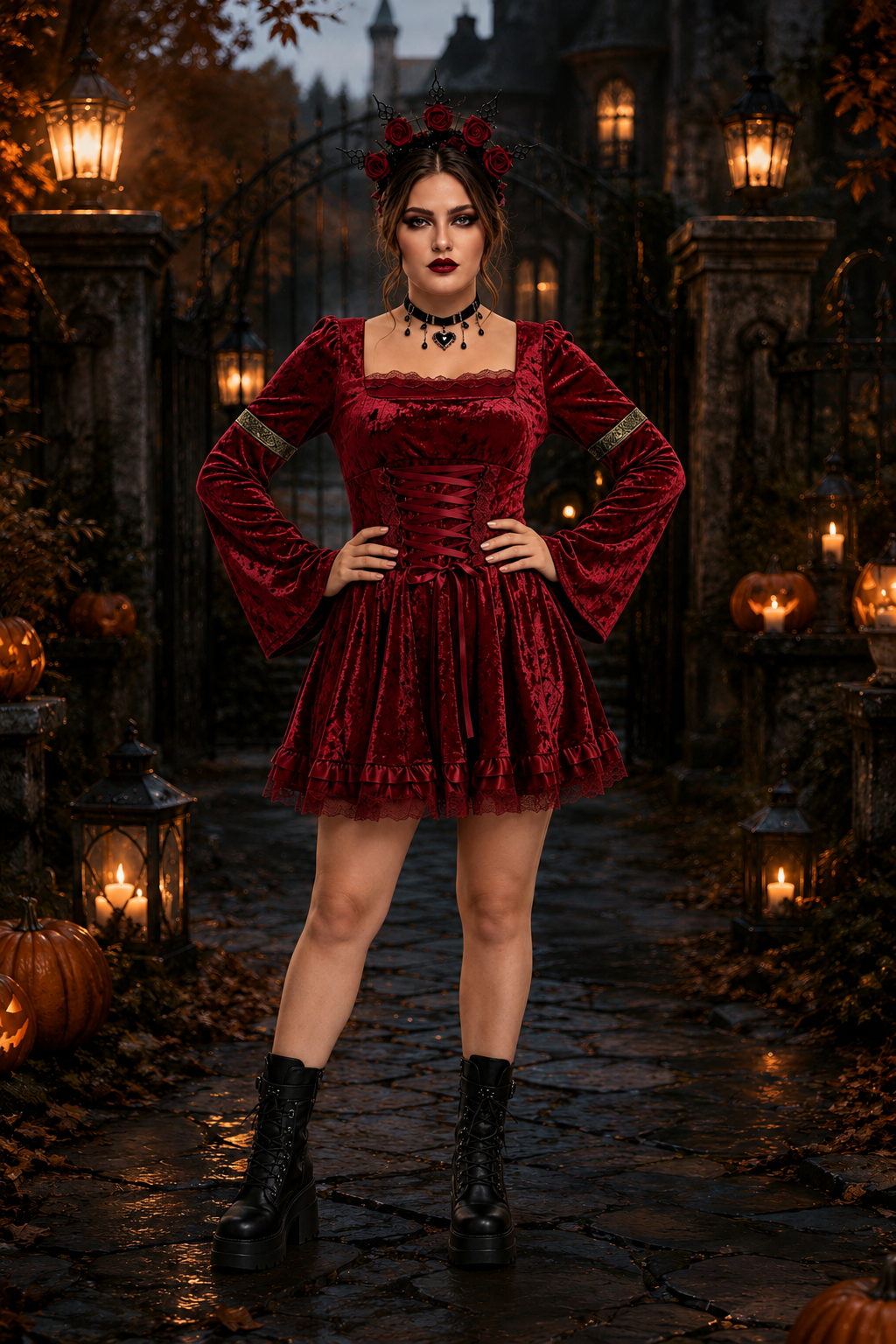Rosie | Women's Square-Neck Bell-Sleeve Lace Dress with Corset Lacing - Red
