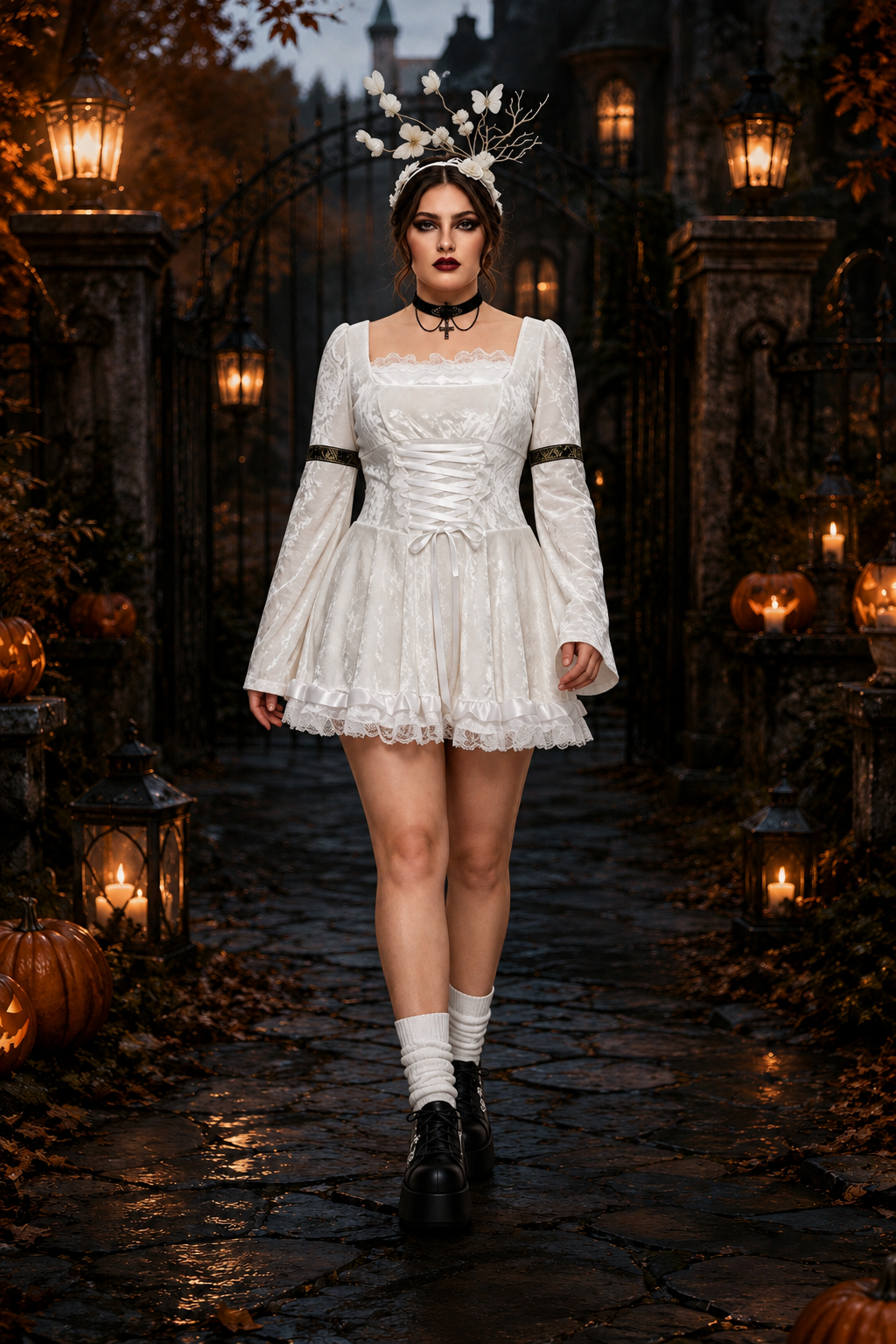 Rosie | Women's Square-Neck Bell-Sleeve Lace Dress with Corset Lacing - White