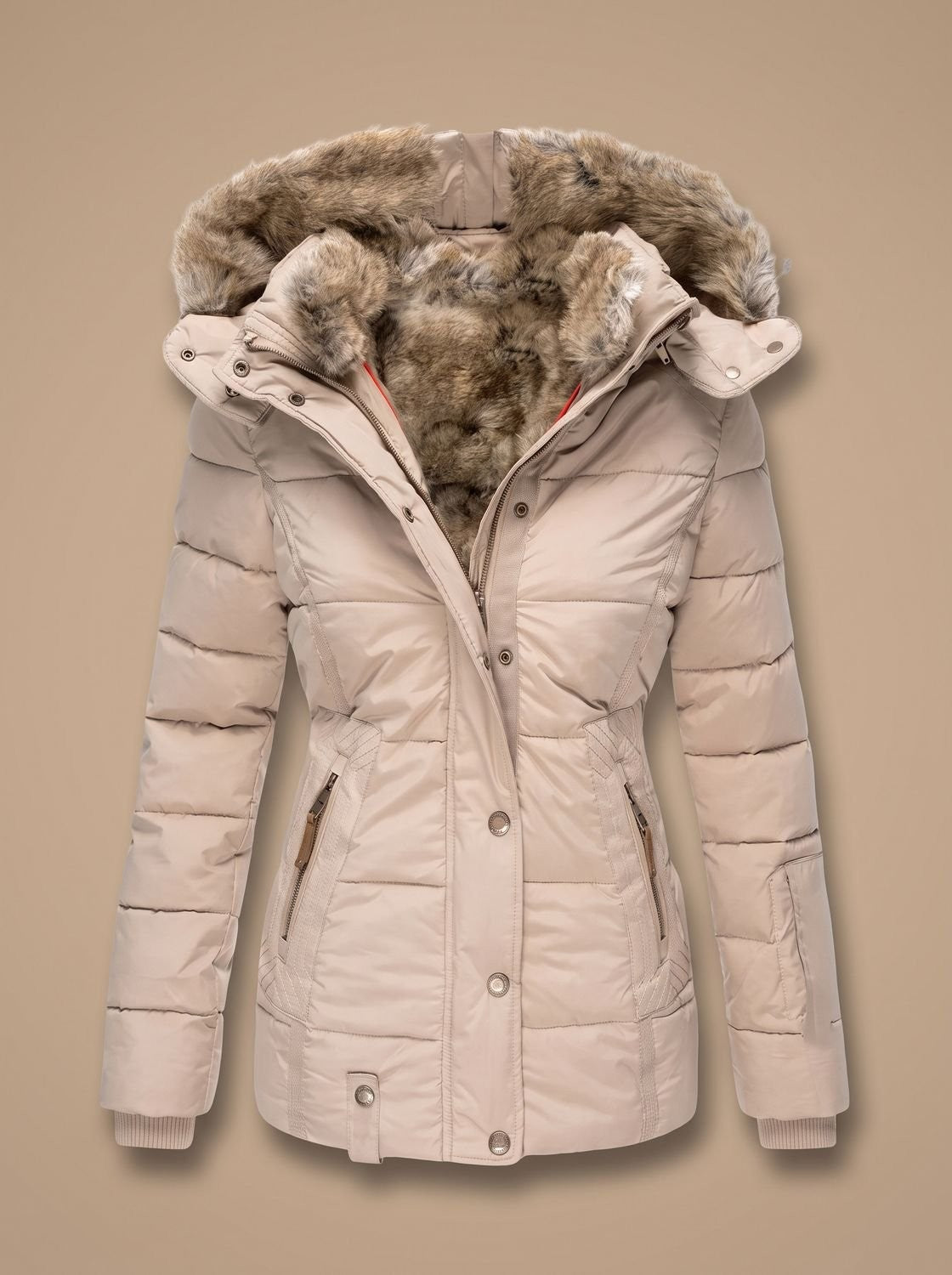 Ruby | Women's Fitted Quilted Puffer Coat with Faux-Fur Hood and Zip Closure - Beige