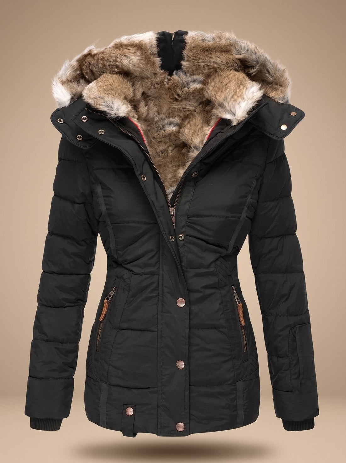 Ruby | Women's Fitted Quilted Puffer Coat with Faux-Fur Hood and Zip Closure - Beige