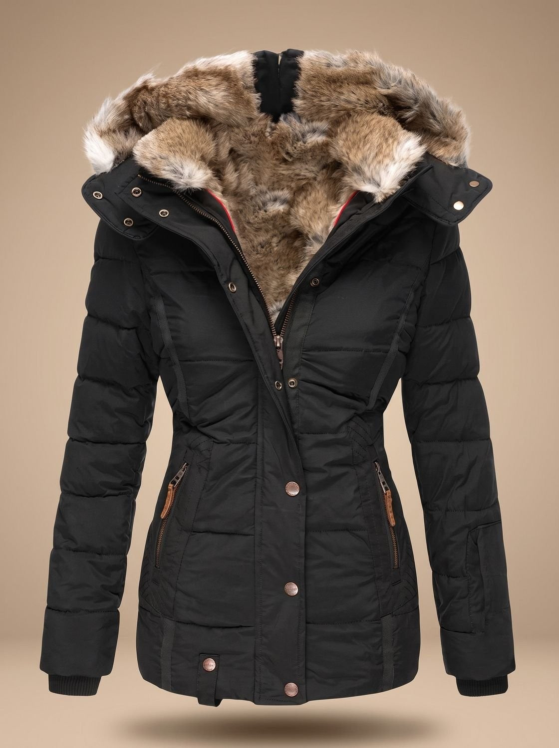 Ruby | Women's Fitted Quilted Puffer Coat with Faux-Fur Hood and Zip Closure - Black