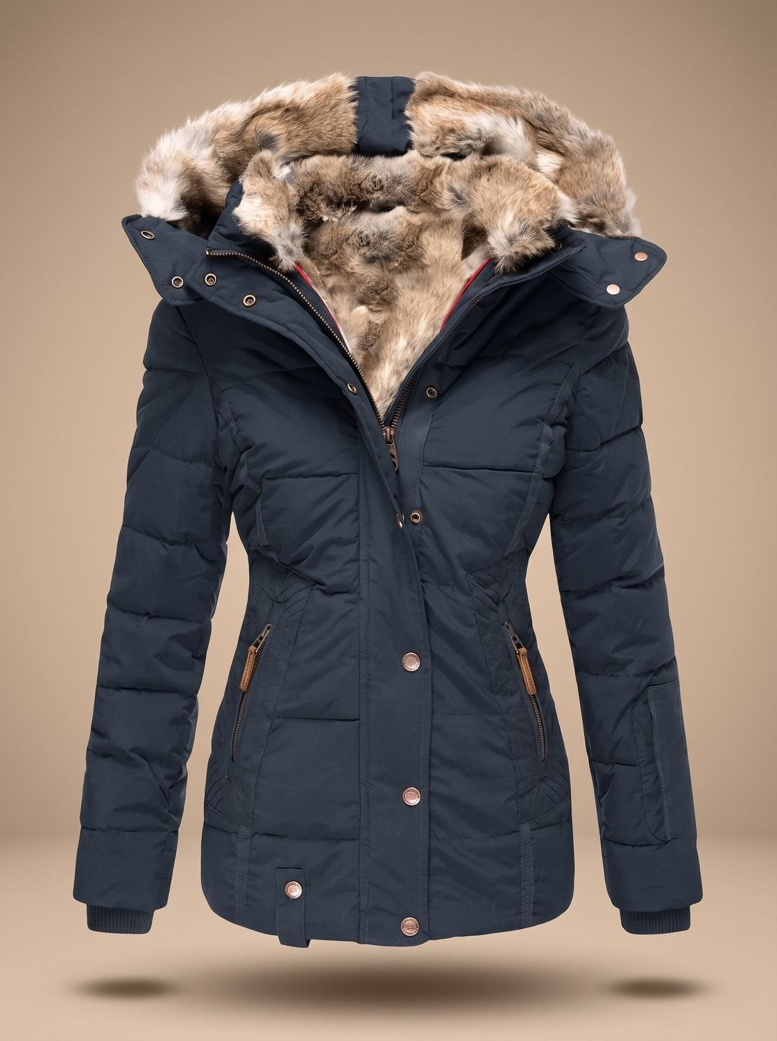 Ruby | Women's Fitted Quilted Puffer Coat with Faux-Fur Hood and Zip Closure - Blue