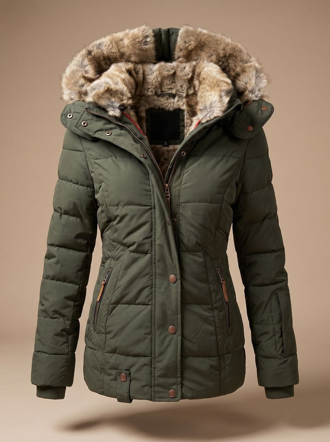 Ruby | Women's Fitted Quilted Puffer Coat with Faux-Fur Hood and Zip Closure - Green