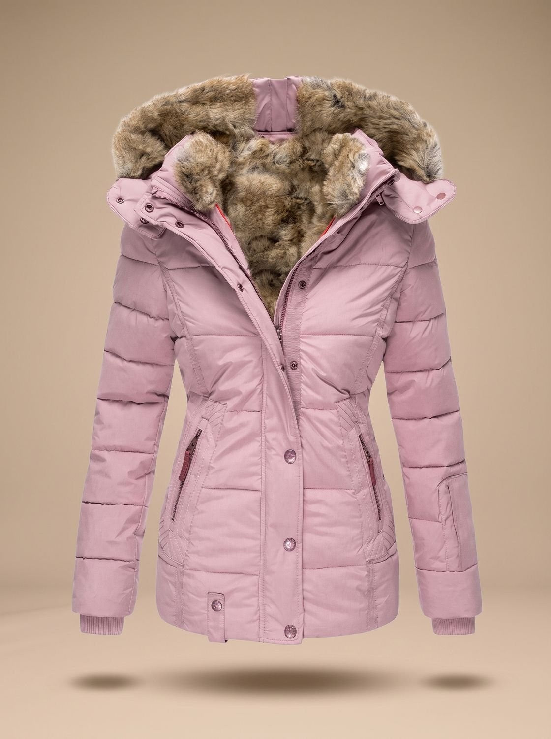 Ruby | Women's Fitted Quilted Puffer Coat with Faux-Fur Hood and Zip Closure - Pink