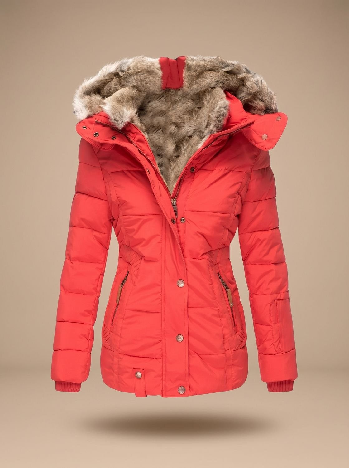 Ruby | Women's Fitted Quilted Puffer Coat with Faux-Fur Hood and Zip Closure - Red