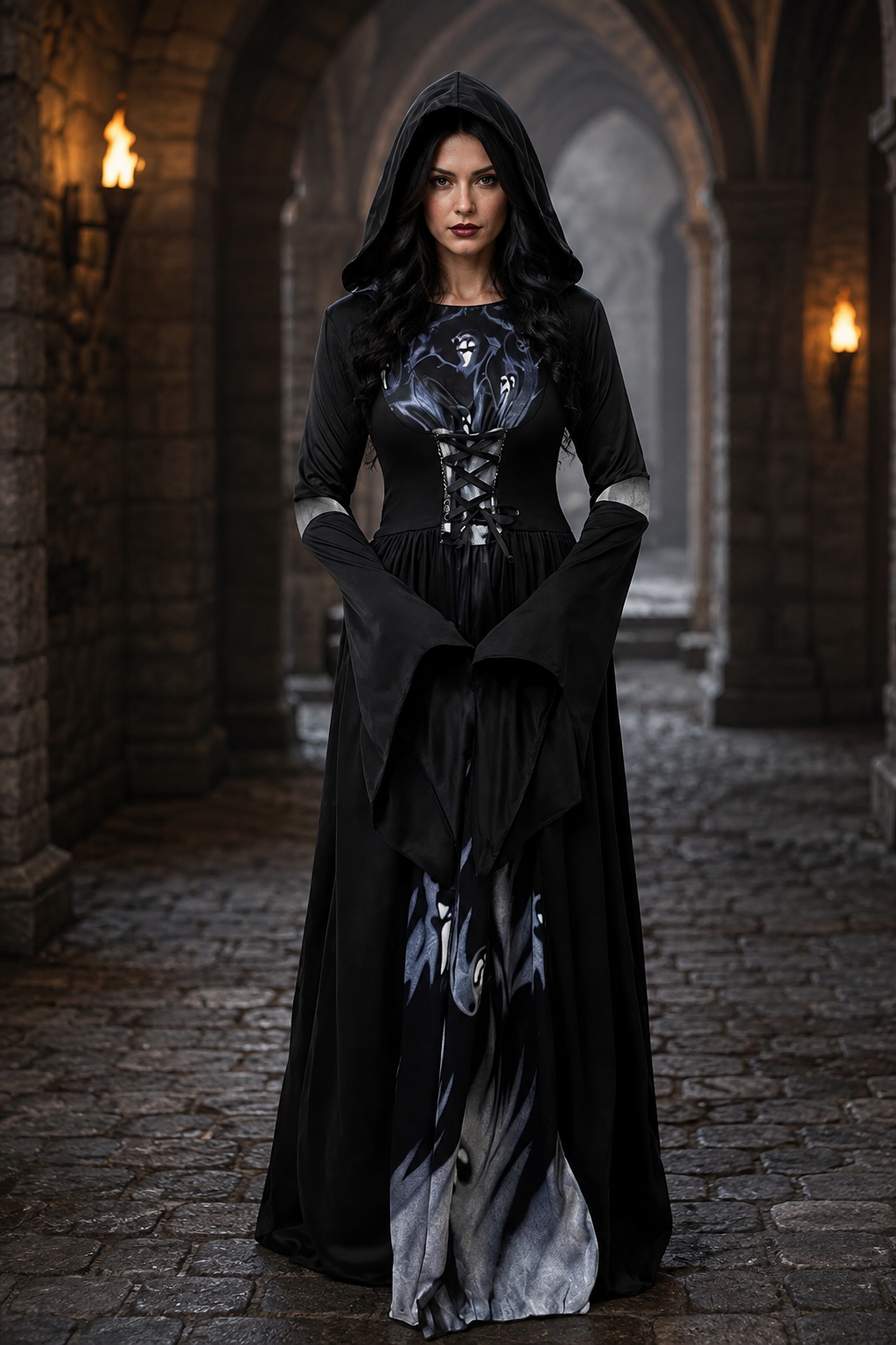 Ruby | Women's Hooded Bell-Sleeve Lace Dress with Ghost Print - Black