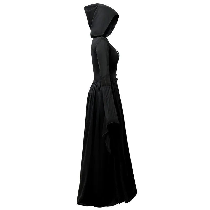 Ruby | Women's Hooded Bell-Sleeve Lace Dress with Ghost Print - Black
