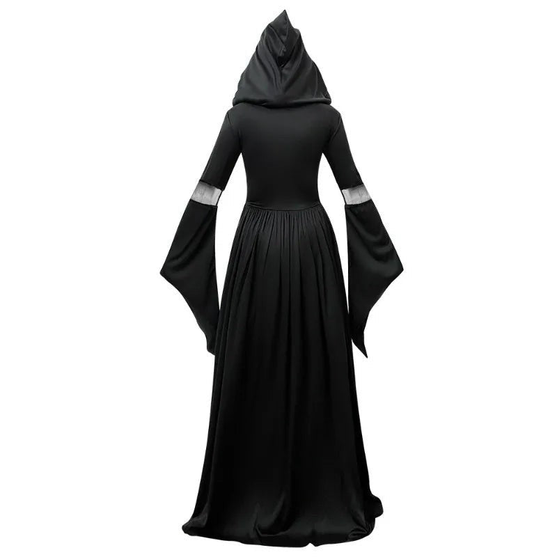 Ruby | Women's Hooded Bell-Sleeve Lace Dress with Ghost Print - Black