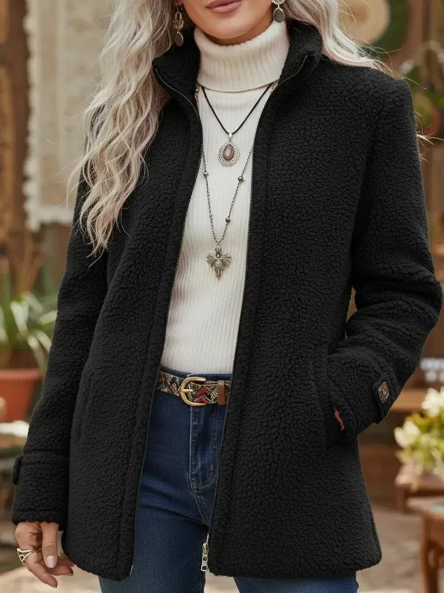 Ruby | Women's Relaxed-Fit Full-Zip Stand-Collar Sherpa Fleece Coat - Black