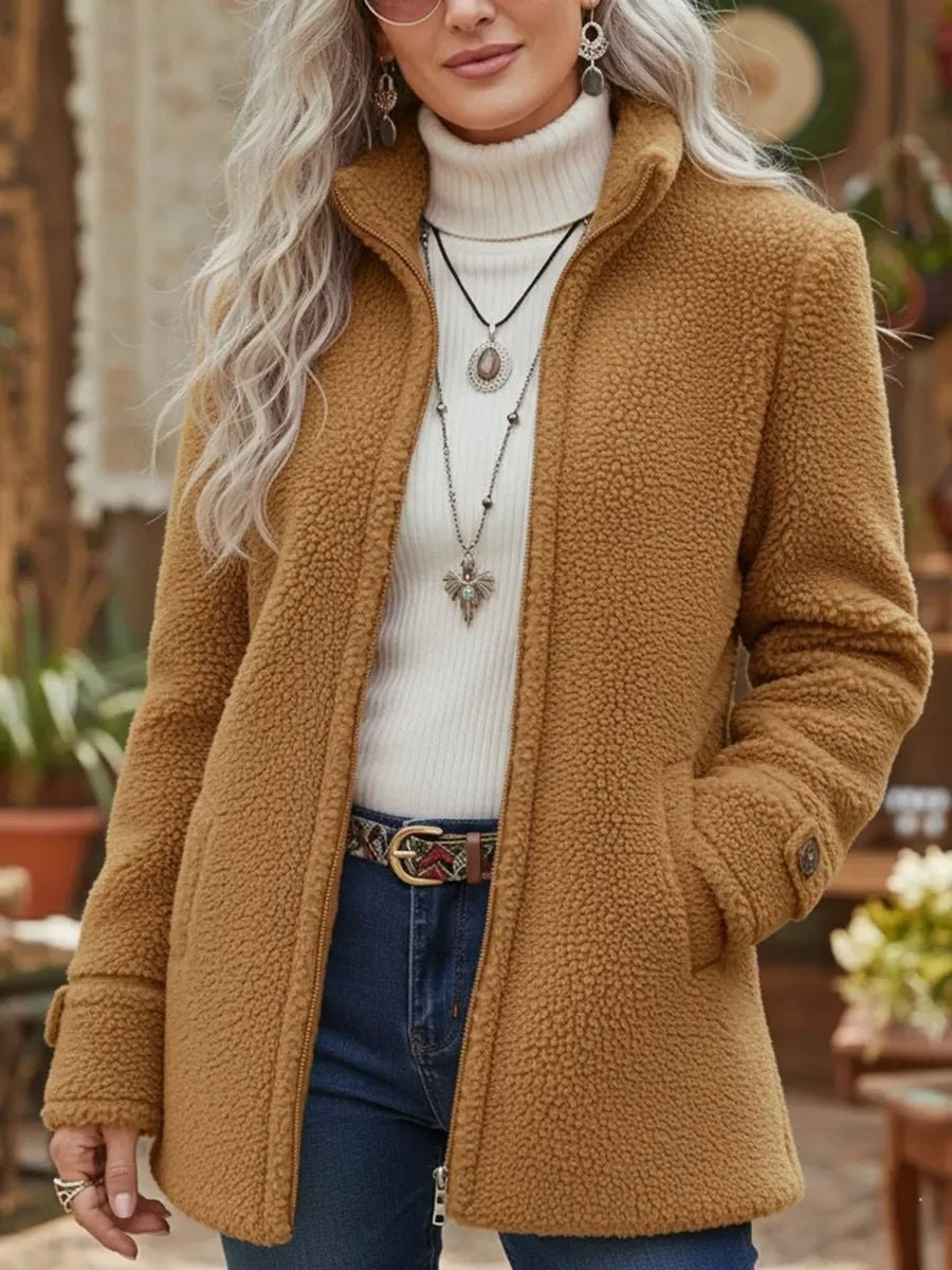 Ruby | Women's Relaxed-Fit Full-Zip Stand-Collar Sherpa Fleece Coat - Camel