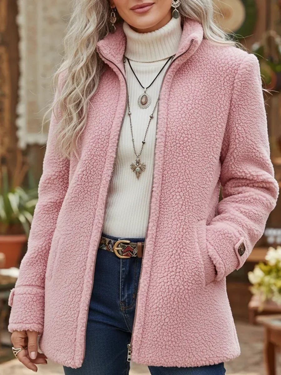 Ruby | Women's Relaxed-Fit Full-Zip Stand-Collar Sherpa Fleece Coat - Pink