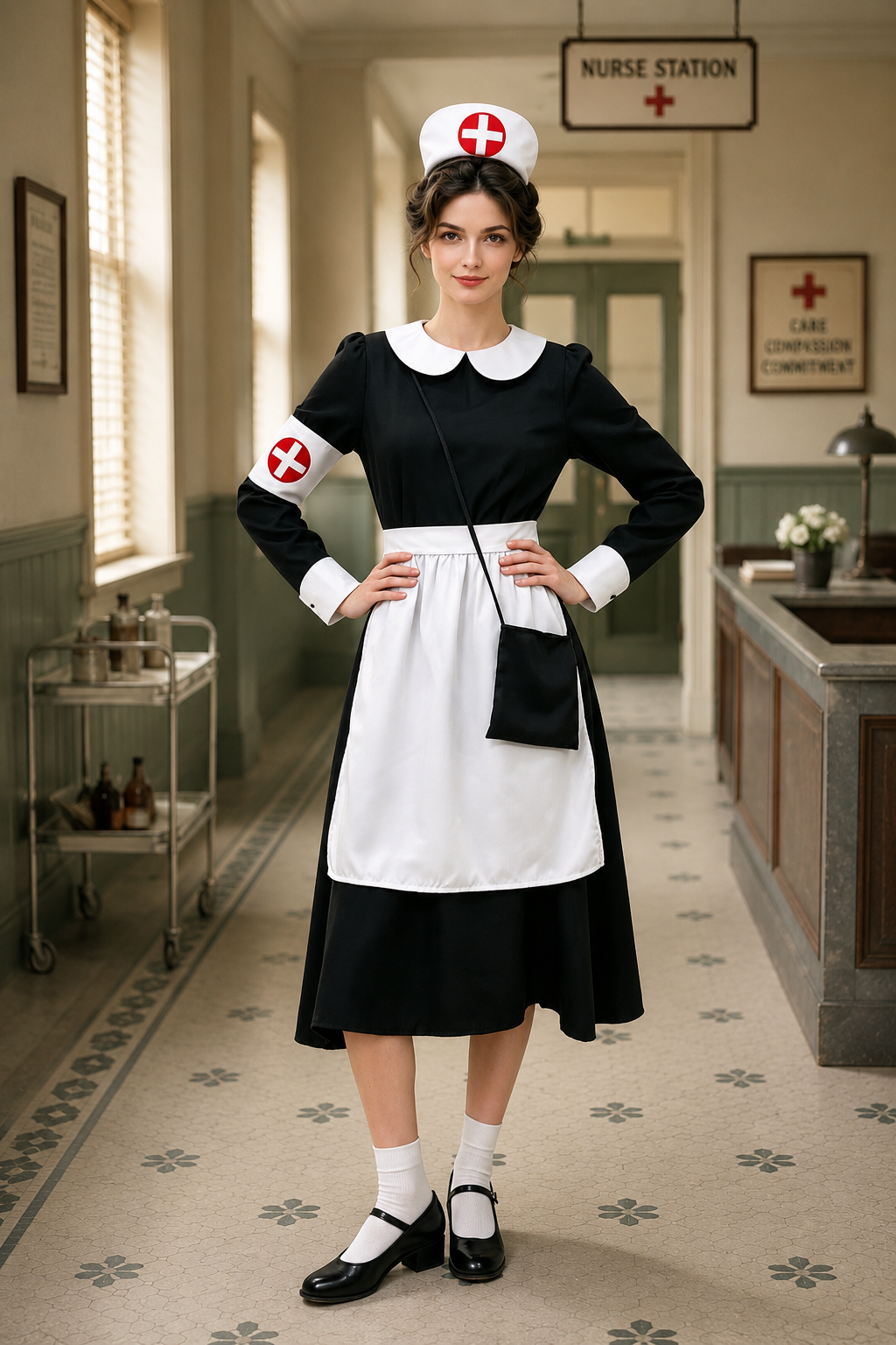 Ruby | Women's Vintage Peter Pan Collar Long-Sleeve A-Line Nurse Costume Dress - Black