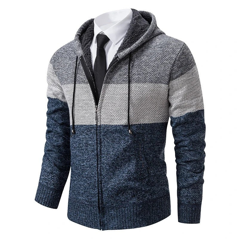 Samuel | Men's Colour-Block Full-Zip Hooded Knit Cardigan with Fleece Lining - Blue