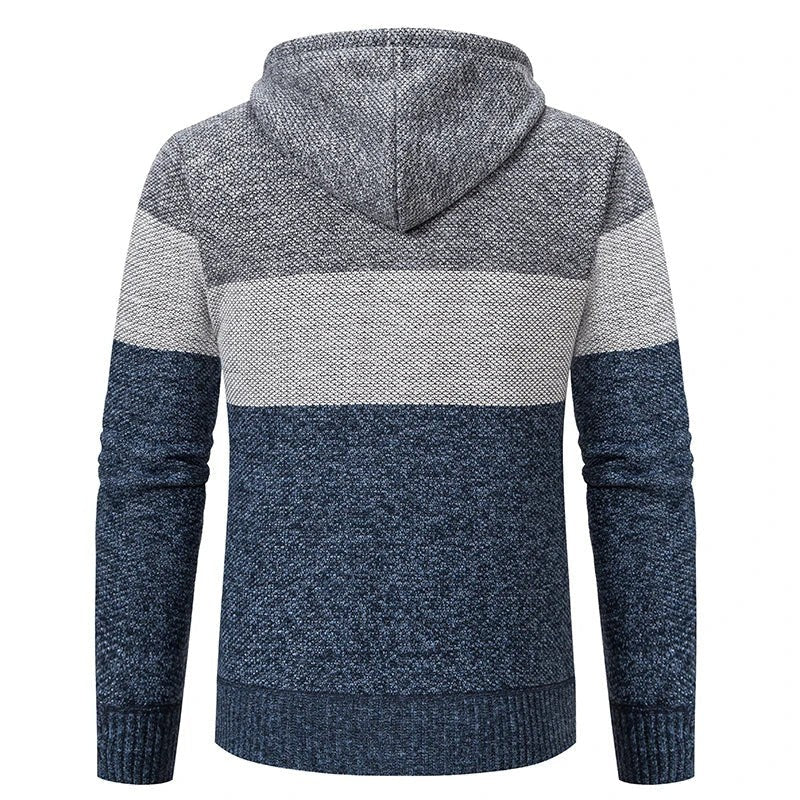 Samuel | Men's Colour-Block Full-Zip Hooded Knit Cardigan with Fleece Lining - Blue