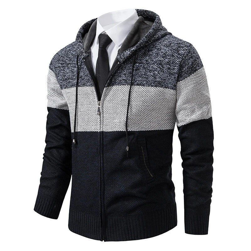 Samuel | Men's Colour-Block Full-Zip Hooded Knit Cardigan with Fleece Lining - Marine