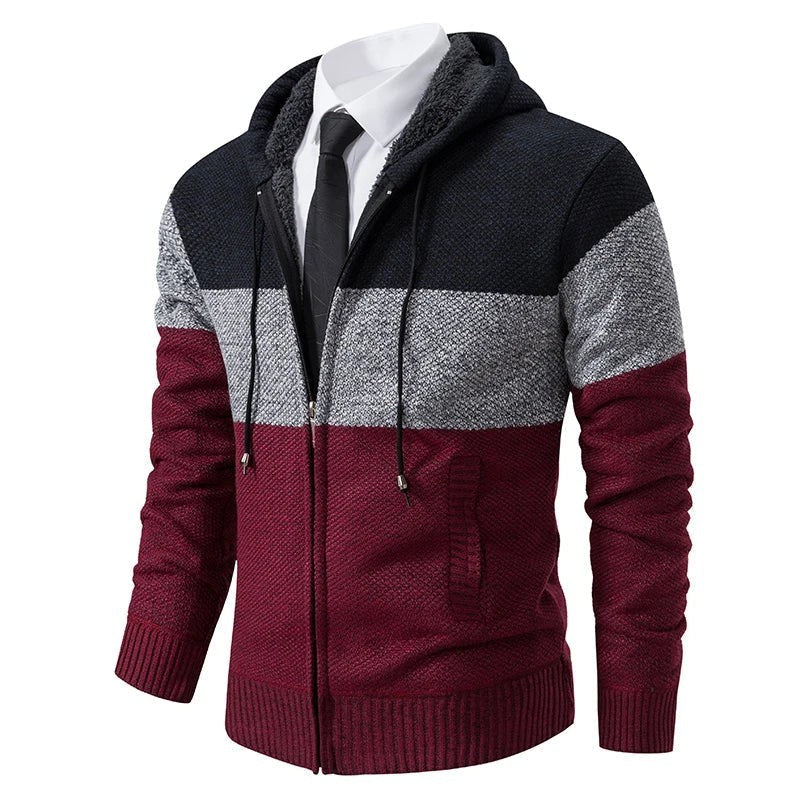 Samuel | Men's Colour-Block Full-Zip Hooded Knit Cardigan with Fleece Lining - Red