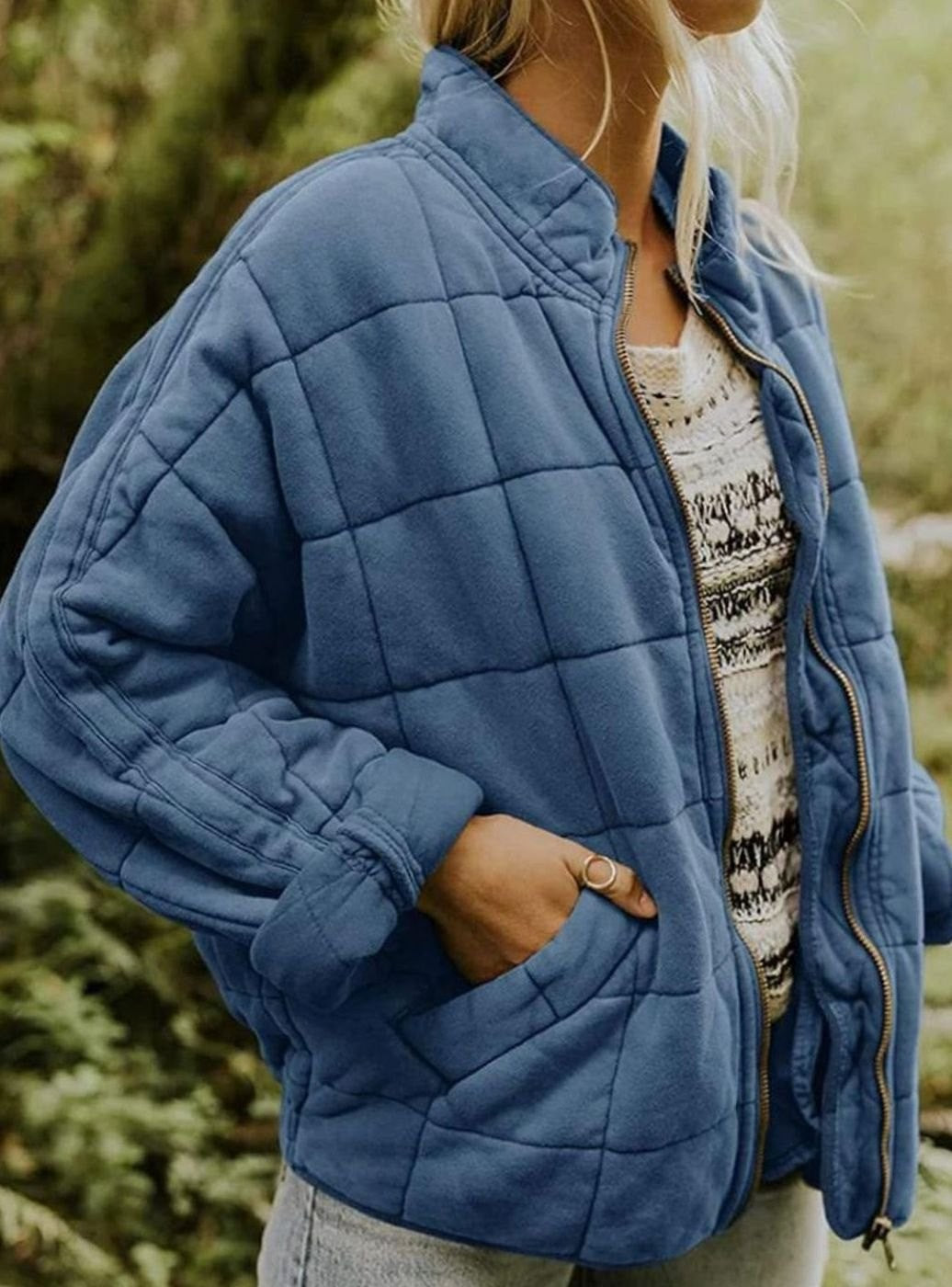 Sophie | Women's Diamond-Quilted Slim-Fit Jacket with Stand Collar and Full Zip - Blue