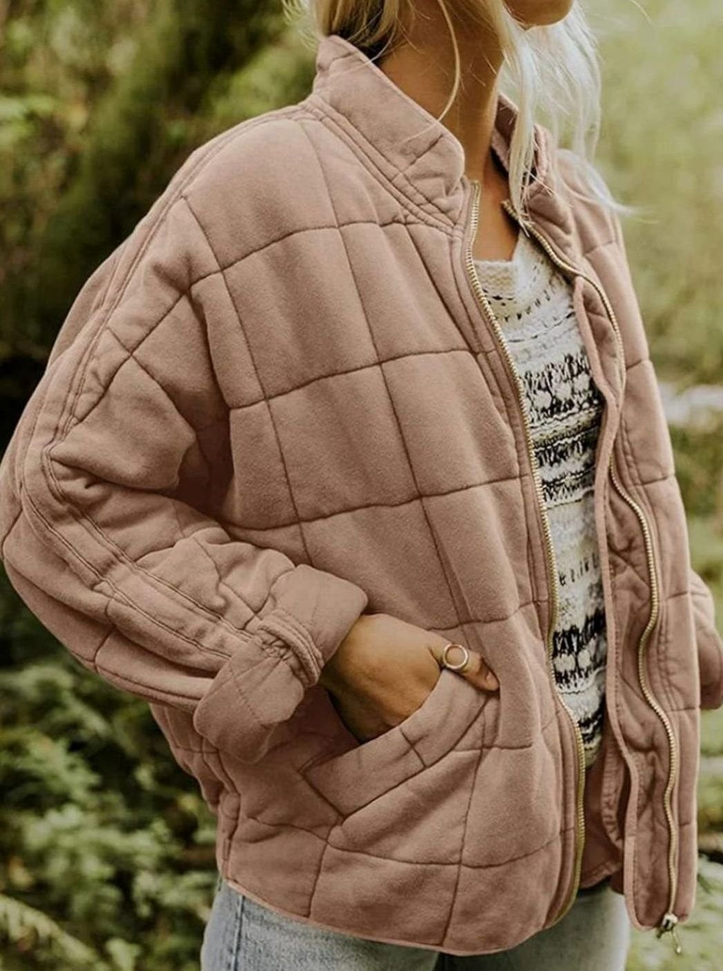 Sophie | Women's Diamond-Quilted Slim-Fit Jacket with Stand Collar and Full Zip - Pink
