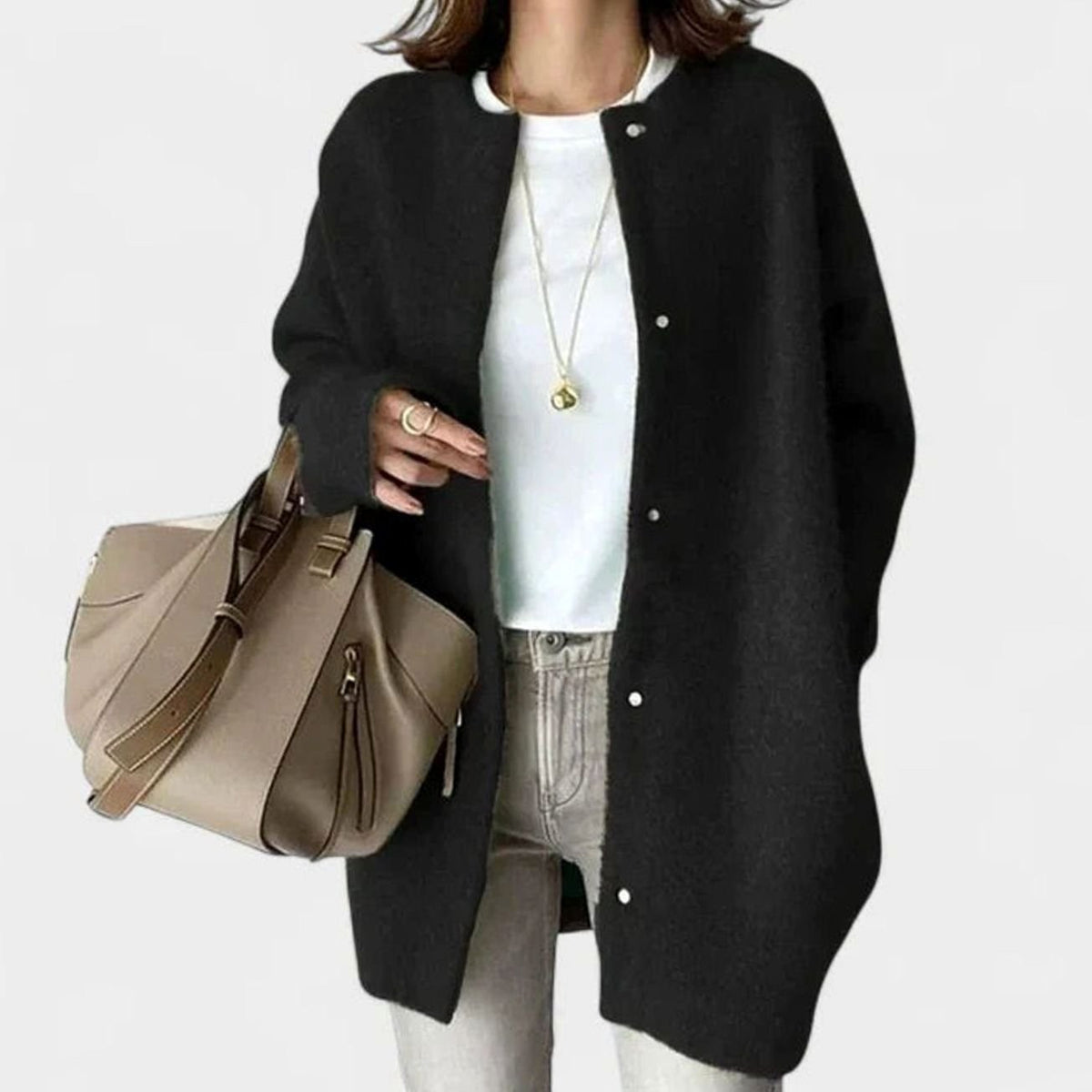 Sophie | Women's Oversized Crew-Neck Snap-Button Knit Cardigan - Black