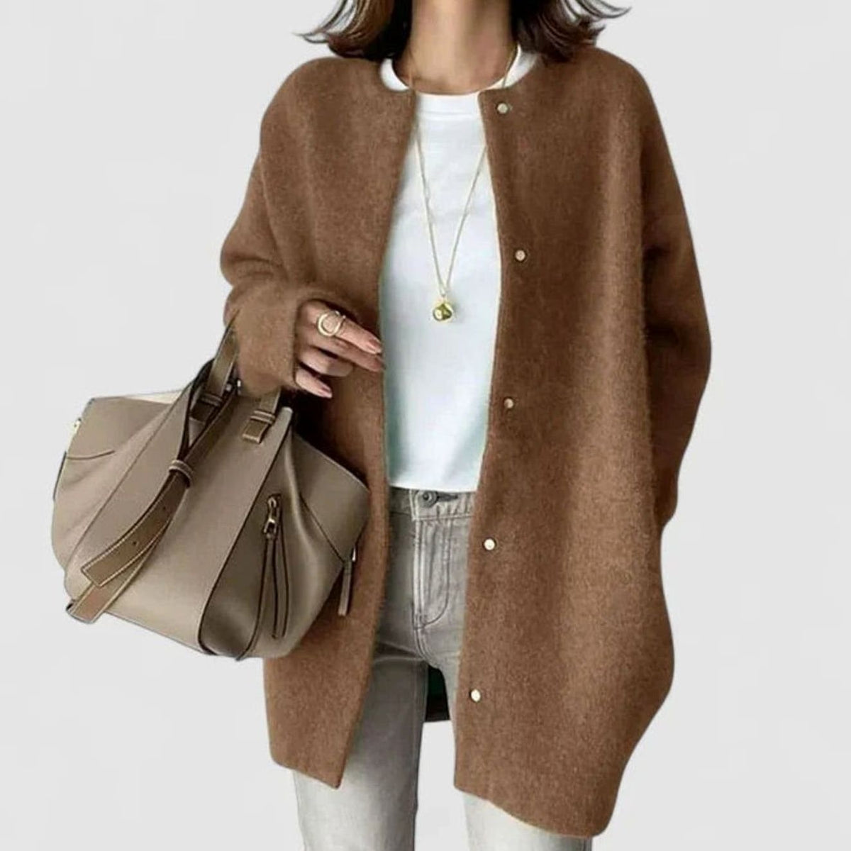 Sophie | Women's Oversized Crew-Neck Snap-Button Knit Cardigan - Brown