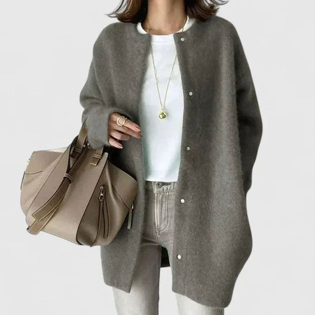 Sophie | Women's Oversized Crew-Neck Snap-Button Knit Cardigan - Dark Gray