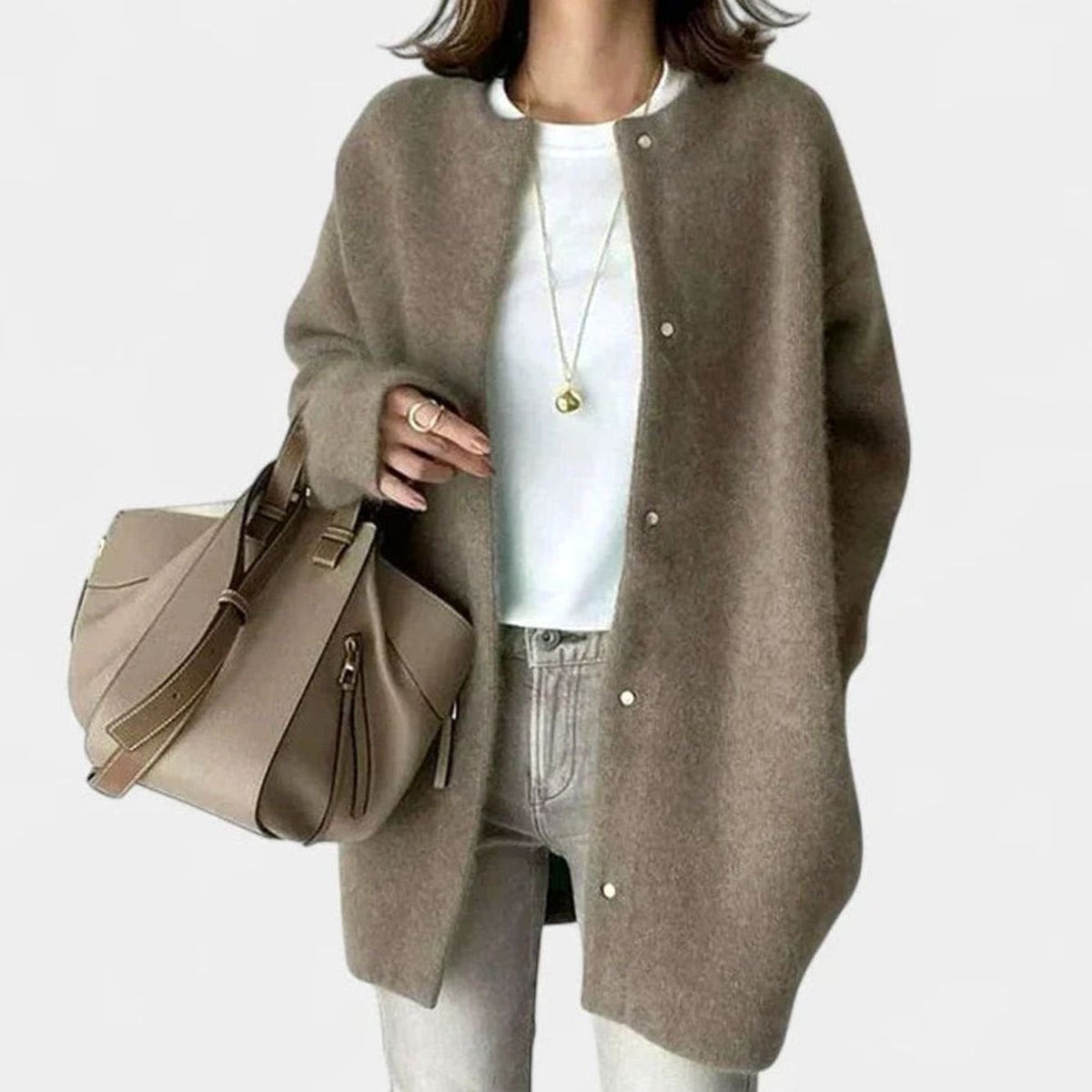 Sophie | Women's Oversized Crew-Neck Snap-Button Knit Cardigan - Light Gray