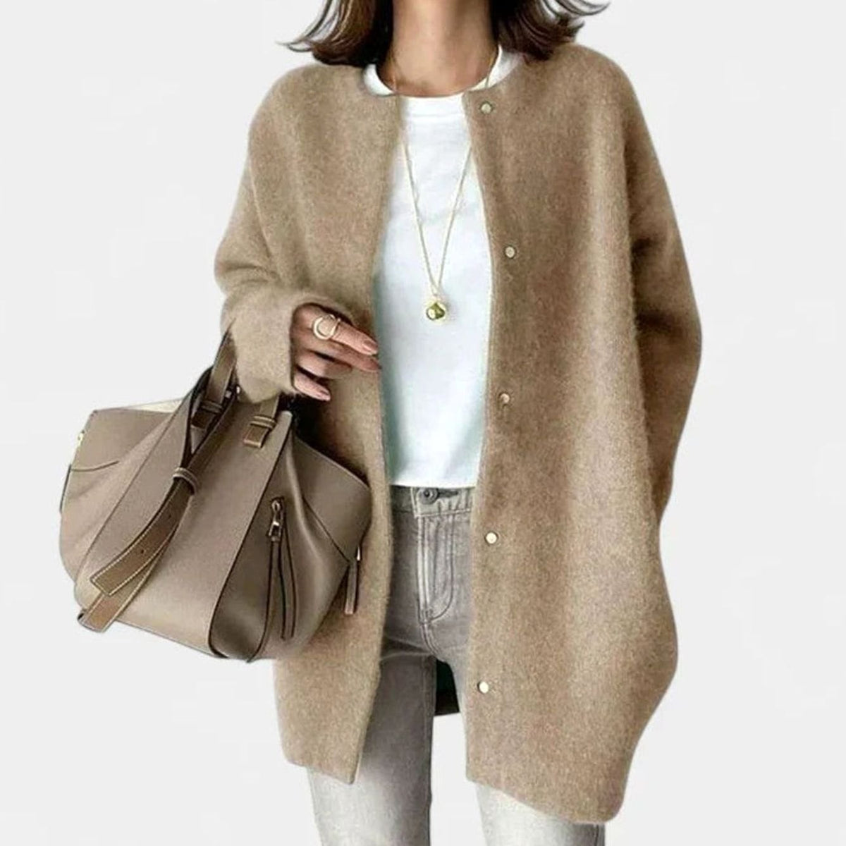 Sophie | Women's Oversized Crew-Neck Snap-Button Knit Cardigan - Light Khaki