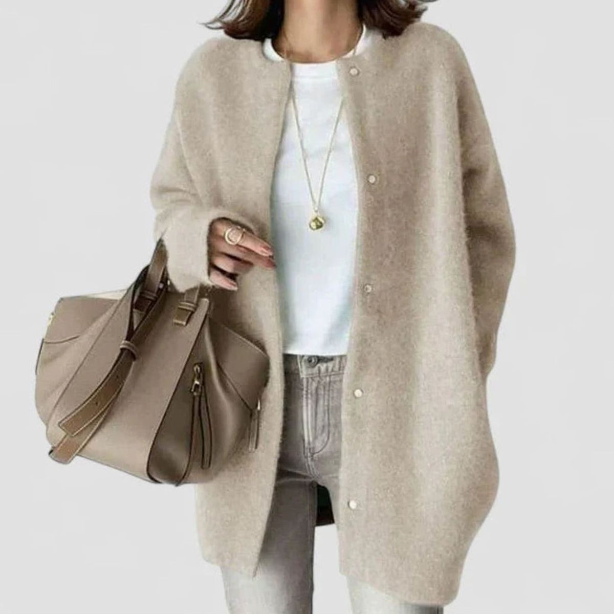 Sophie | Women's Oversized Crew-Neck Snap-Button Knit Cardigan - White