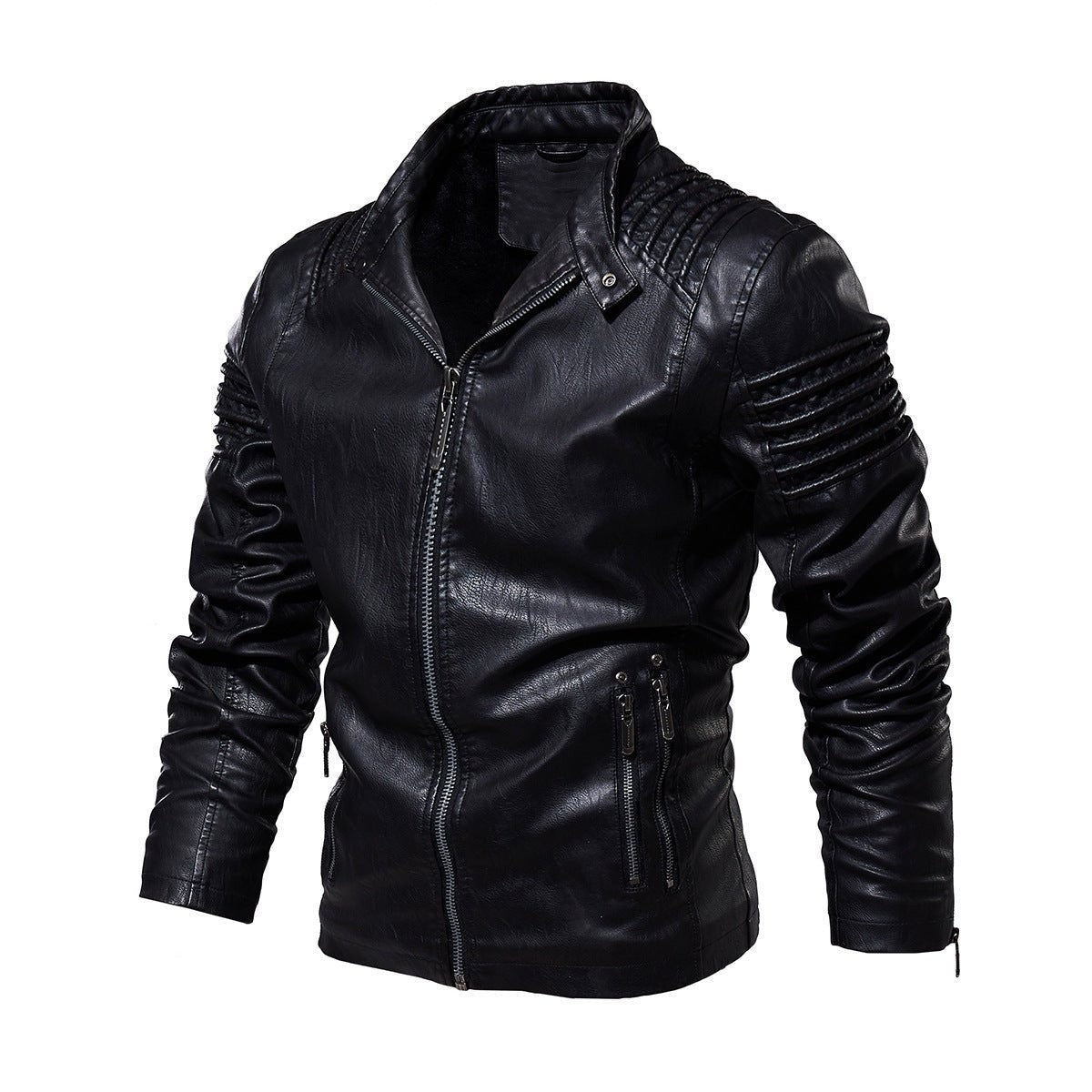 Theo | Men's Slim-Fit Vegan Leather Biker Jacket with Ribbed Shoulders and Zip Pockets - Black