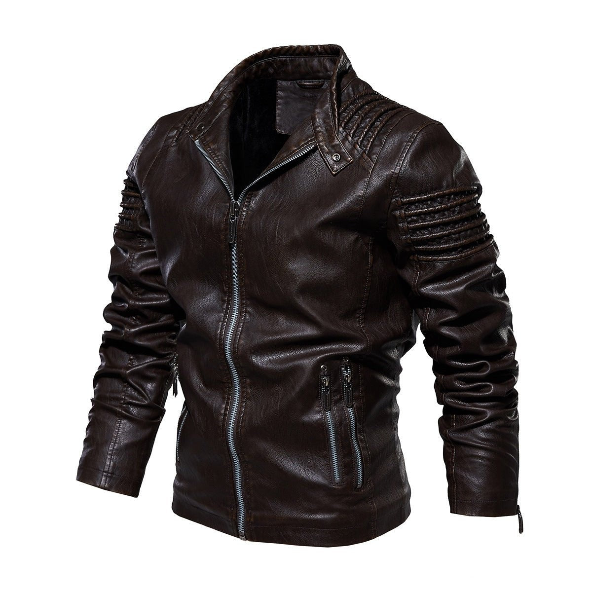 Theo | Men's Slim-Fit Vegan Leather Biker Jacket with Ribbed Shoulders and Zip Pockets - Brown