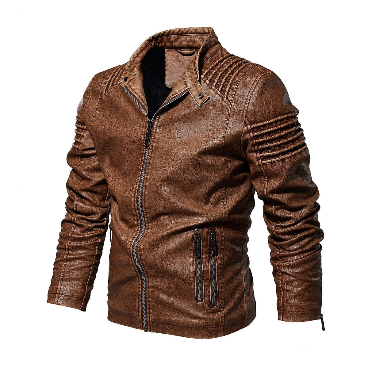 Theo | Men's Slim-Fit Vegan Leather Biker Jacket with Ribbed Shoulders and Zip Pockets - Khaki