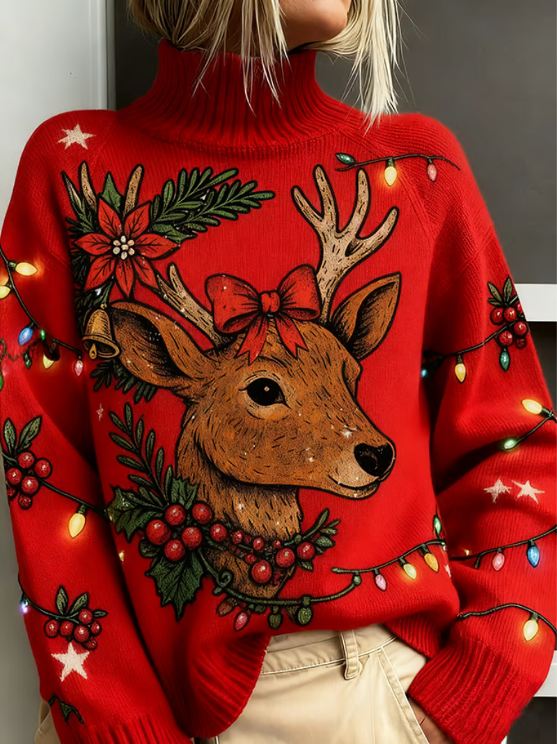 Theo | Women's Christmas Jumper for Women Turtleneck Embroidered Reindeer Red - Red