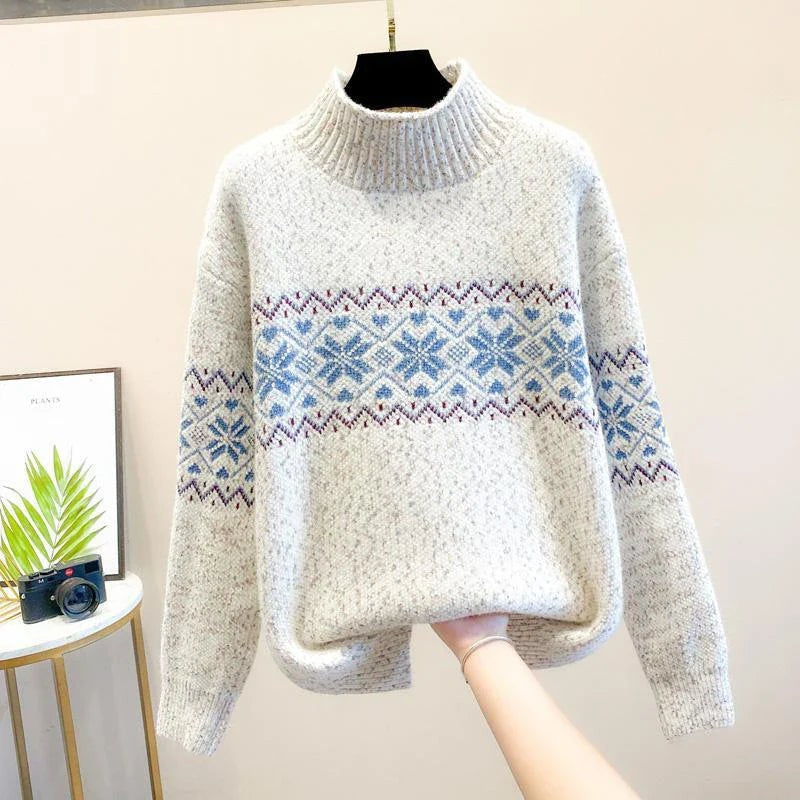 Theo | Women's Christmas Jumper Snowflake Knit Crew-Neck Relaxed-Fit Sweater - Beige
