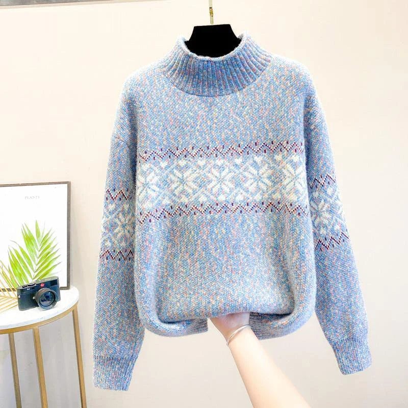 Theo | Women's Christmas Jumper Snowflake Knit Crew-Neck Relaxed-Fit Sweater - Blue