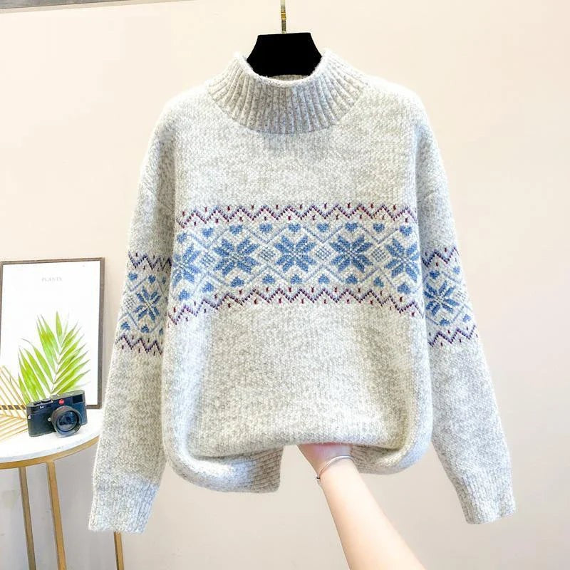 Theo | Women's Christmas Jumper Snowflake Knit Crew-Neck Relaxed-Fit Sweater - Gray