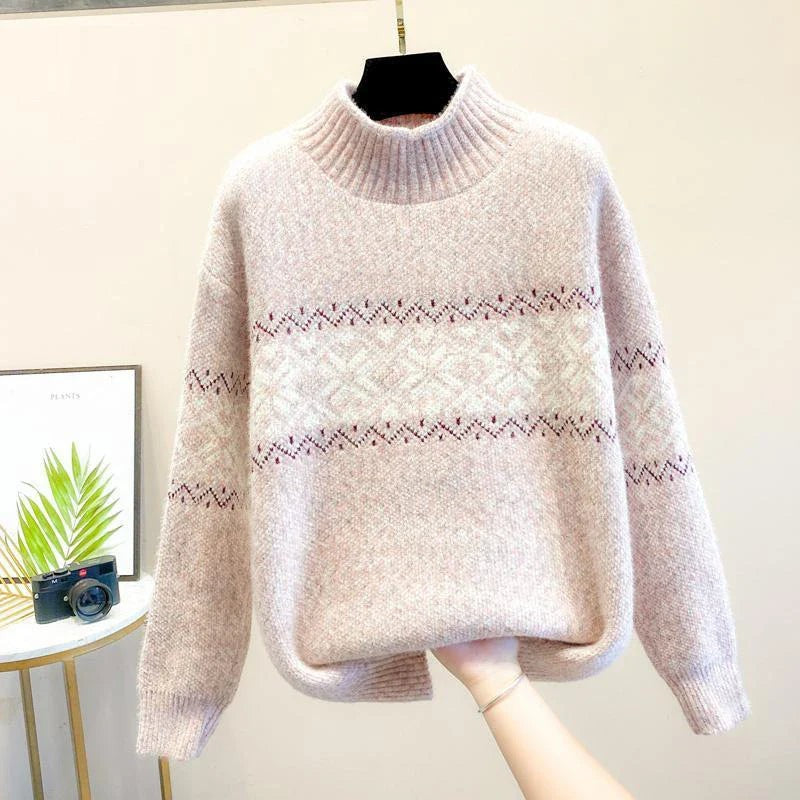 Theo | Women's Christmas Jumper Snowflake Knit Crew-Neck Relaxed-Fit Sweater - Pink