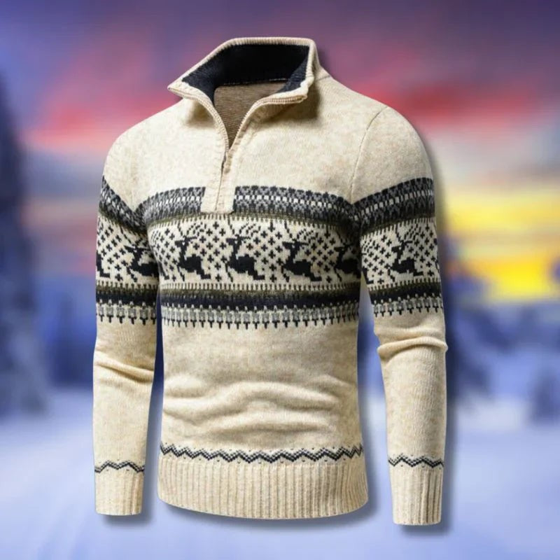 Toby | Men's Christmas Jumper Half-Zip Fair Isle Knit - Beige