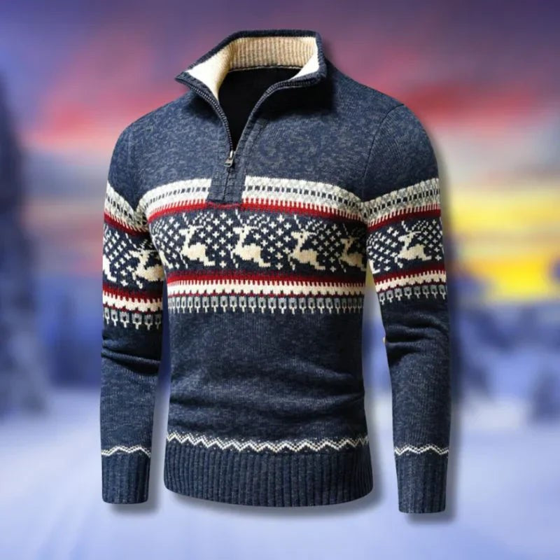 Toby | Men's Christmas Jumper Half-Zip Fair Isle Knit - Blue