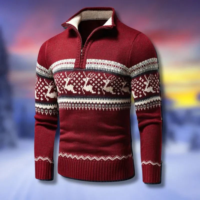 Toby | Men's Christmas Jumper Half-Zip Fair Isle Knit - Red