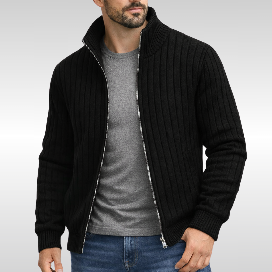 Toby | Men's Ribbed Full-Zip Stand-Collar Knit Cardigan - Black