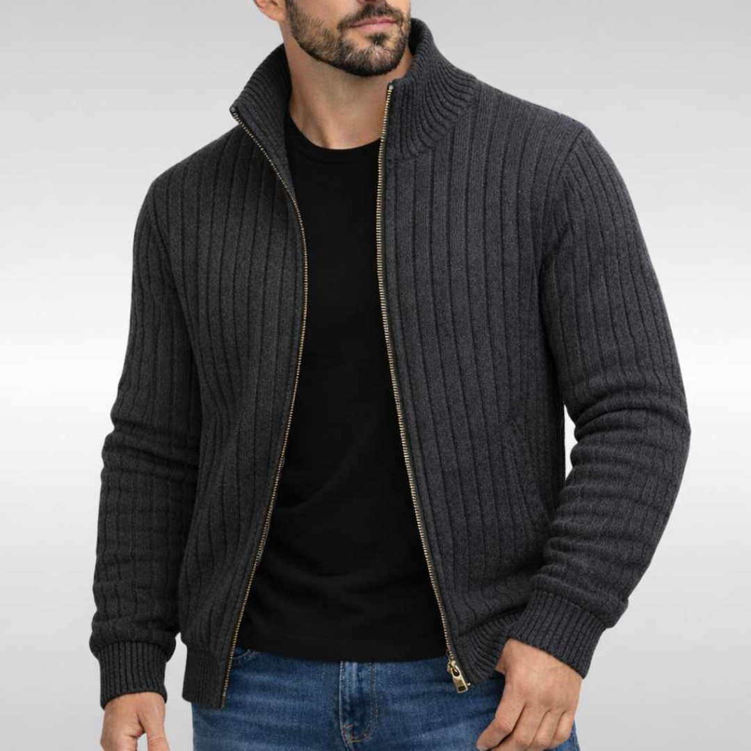 Toby | Men's Ribbed Full-Zip Stand-Collar Knit Cardigan - Dunkelgrau