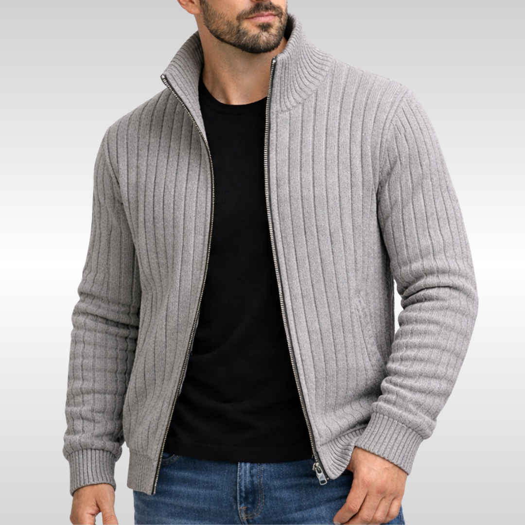 Toby | Men's Ribbed Full-Zip Stand-Collar Knit Cardigan - Hellgrau