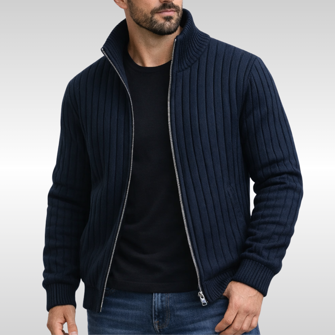 Toby | Men's Ribbed Full-Zip Stand-Collar Knit Cardigan - Hellgrau